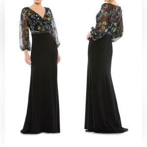 New Mac Duggal Embroidered Mesh Long Sleeve Column Gown Jersey Skirt 79379